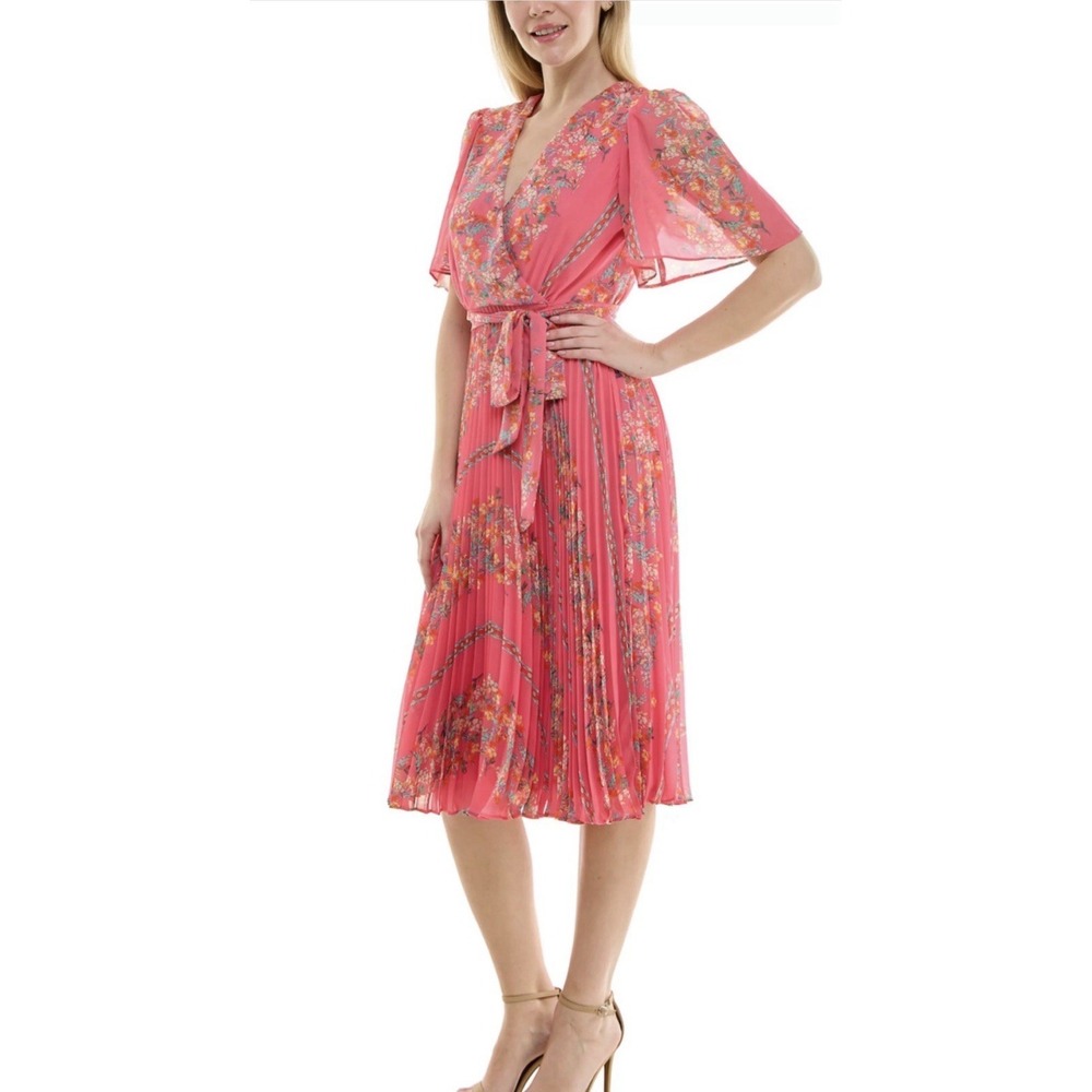 Maison Tara Pink Floral Pleated Belted Midi Dress V-Neck Long Sleeve Size 12/14